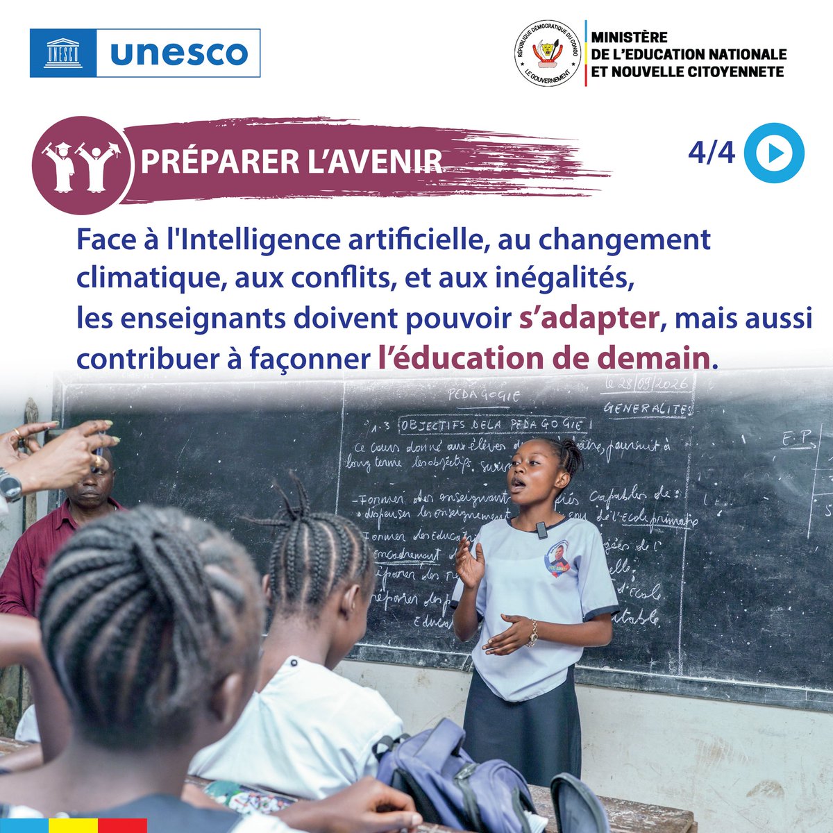 UNESCOKinshasa's tweet photo. 📚 𝗘𝗻𝘀𝗲𝗶𝗴𝗻𝗲𝗿, 𝗰’𝗲𝘀𝘁 𝗮𝘂𝘀𝘀𝗶 𝗽𝗿𝗲́𝗽𝗮𝗿𝗲𝗿 𝗹’𝗮𝘃𝗲𝗻𝗶𝗿
🔵 L’#UNESCO réaffirme son engagement aux côtés du @MinisterEDU_NC pour une #formation de qualité, une profession enseignante valorisée et des #enseignant(e)s mieux préparé(e)s aux défis de demain.
📌 Parce que transformer l’#éducation commence par celles et ceux qui enseignent.

#GPE #AFD #UNESCO
#RDC #EFFICACE #HPR
#EnseignerPourLAvenir