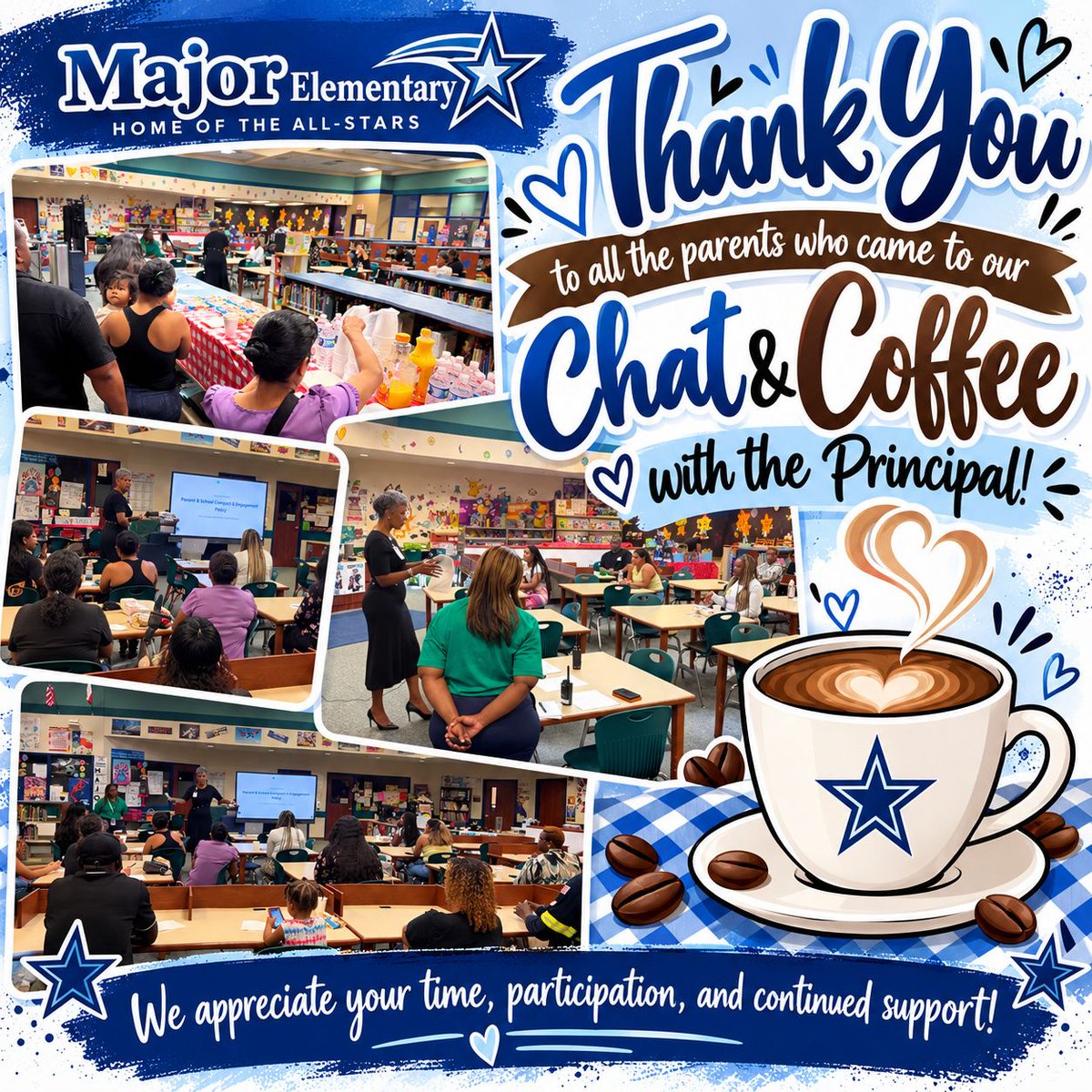 MajorElementary's tweet photo. ☕💙 Thank you to all the parents who joined us for Chat &amp; Coffee with the Principal! We appreciate your time, feedback, and continued support. Together, we’re building strong partnerships to help our All-Stars shine! ⭐ #MajorElementary #ParentEngagement https://t.co/KAvmjacJXO
