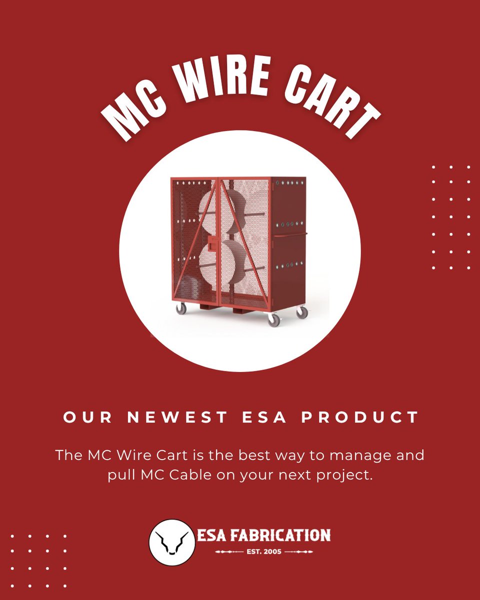 ESAFabrication's tweet photo. The new ESA MC Wire Cart gives crews a safer, more efficient way to manage multiple spools—eliminating the hassle of handling one spool at a time.

Work safer. Stay organized. Keep the job moving.

Contact your local ESA Sales Representative today:
https://t.co/ZKeyuo2hv3 https://t.co/GRqOE9X55c