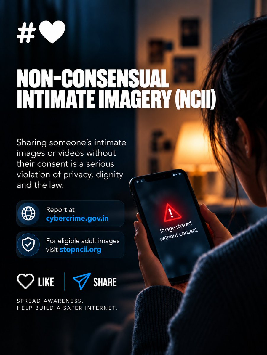 SociallyBlog's tweet photo. You shared it privately. You never consented to the world seeing it.

Non-consensual intimate imagery (NCII) is about more than revenge. It can mean threats, blackmail, humiliation and AI-generated deepfakes.

India has no reliable national NCII-specific justice rate. https://t.co/FuK3t6AKt9