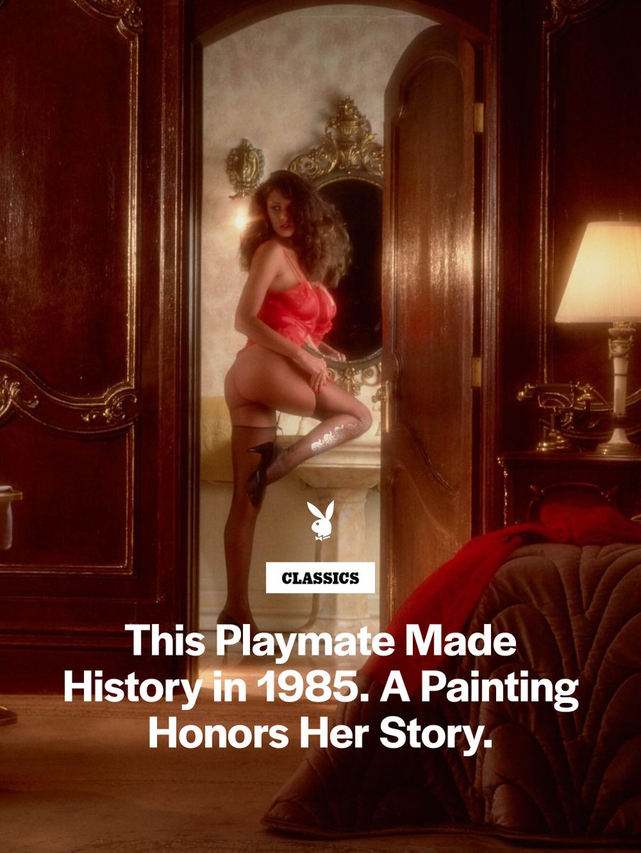 Playboy's tweet photo. Artist Cristine Brache takes a brush to the reclining Miss December 1984, Karen Velez: https://t.co/d5oftkaM2K https://t.co/ZfroapK8jh