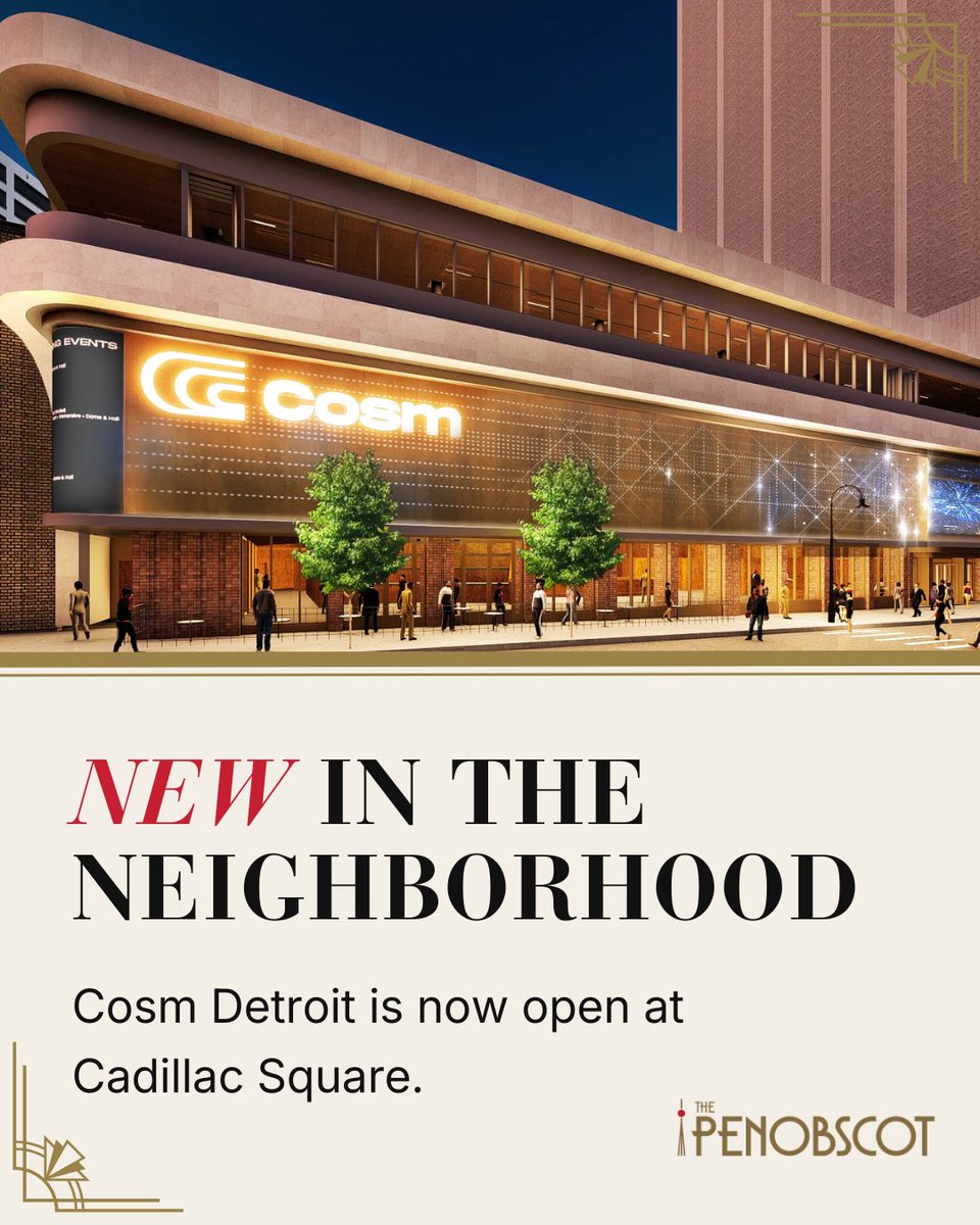 PenobscotDet's tweet photo. Cosm Detroit is now open at Cadillac Square.

For those who work at the Penobscot Building, it’s one more example of what makes a Downtown office different.

📸: @cosmdetroit

#PenobscotBuilding #DowntownDetroit #Detroit #CosmDetroit #CadillacSquare #CampusMartius #WorkDowntown https://t.co/eux6fSqnzo
