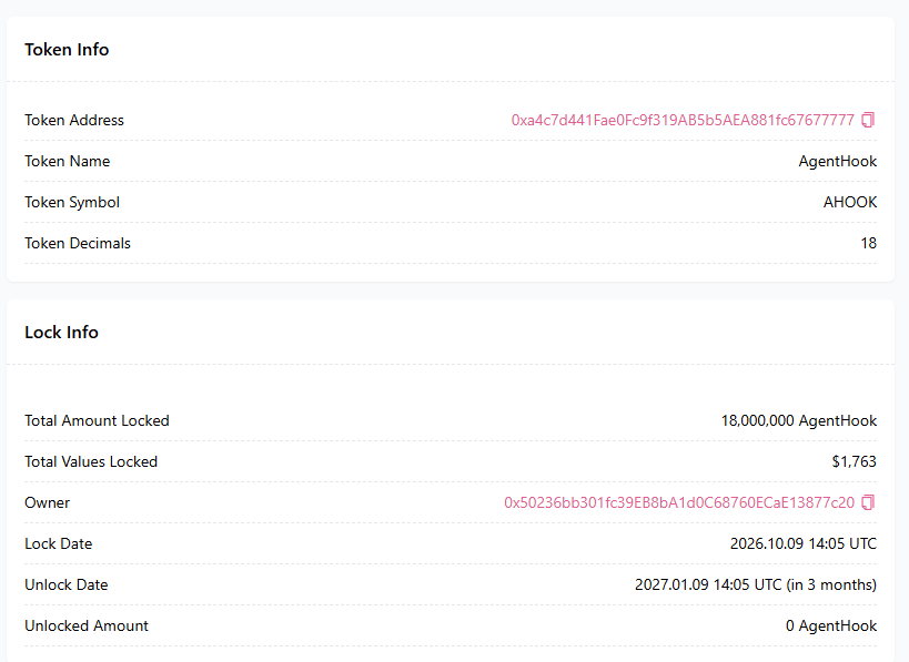 TryAgentHook's tweet photo. $AHOOK dev tokens are locked on PinkSale.

Vesting:
→ 3-month cliff: nothing unlocks before then
→ After that, 10% unlocks each month

https://t.co/6a9fP05n7o https://t.co/FYRGcQDqtj