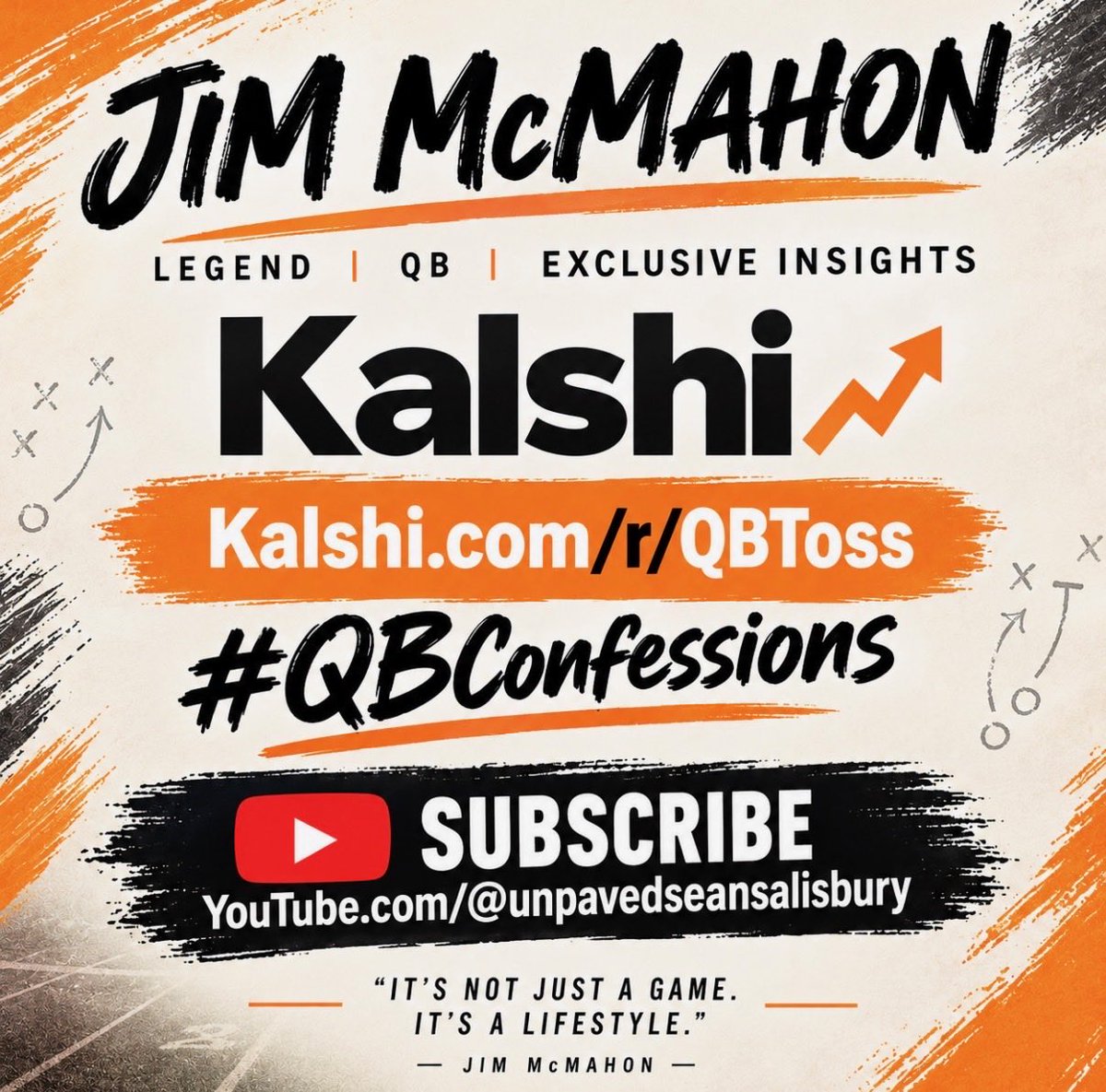 JimMcMahon's tweet photo. The #1 prediction market in the country and an amazing partner and teammate of or show QB Confessions with @seanunfiltered On YouTube. Love the probabilities https://t.co/rCBtaML5nV #QBConfessions #Kalshipartner https://t.co/PGDedWuqsn