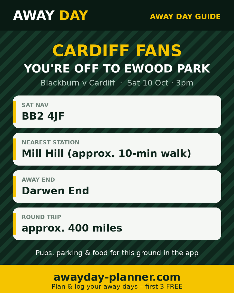 _awaydayplanner's tweet photo. @CardiffCityFC Bluebirds fans – your away day guide for Ewood Park, Blackburn 🚌

Sat nav, station, away end, parking, chippy &amp; walk times at https://t.co/cYyUGNDCGL (approx. 400 miles there &amp; back). First 3 away days FREE.

#CityAsOne #CardiffCity #Awayday #EFL https://t.co/ilDDBh4Irk