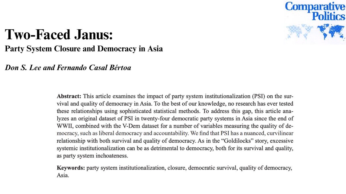 Journal_CompPol's tweet photo. 📣 New Fast Track Article

Don S. Lee &amp; @casalbertoa examine the impact of party system institutionalization (PSI) on the survival and quality of democracy in Asia, finding that PSI has a nuanced, curvilinear relationship with both.

Read: https://t.co/mUJ898edPr

@whogovernseu https://t.co/0pjhchBNWx