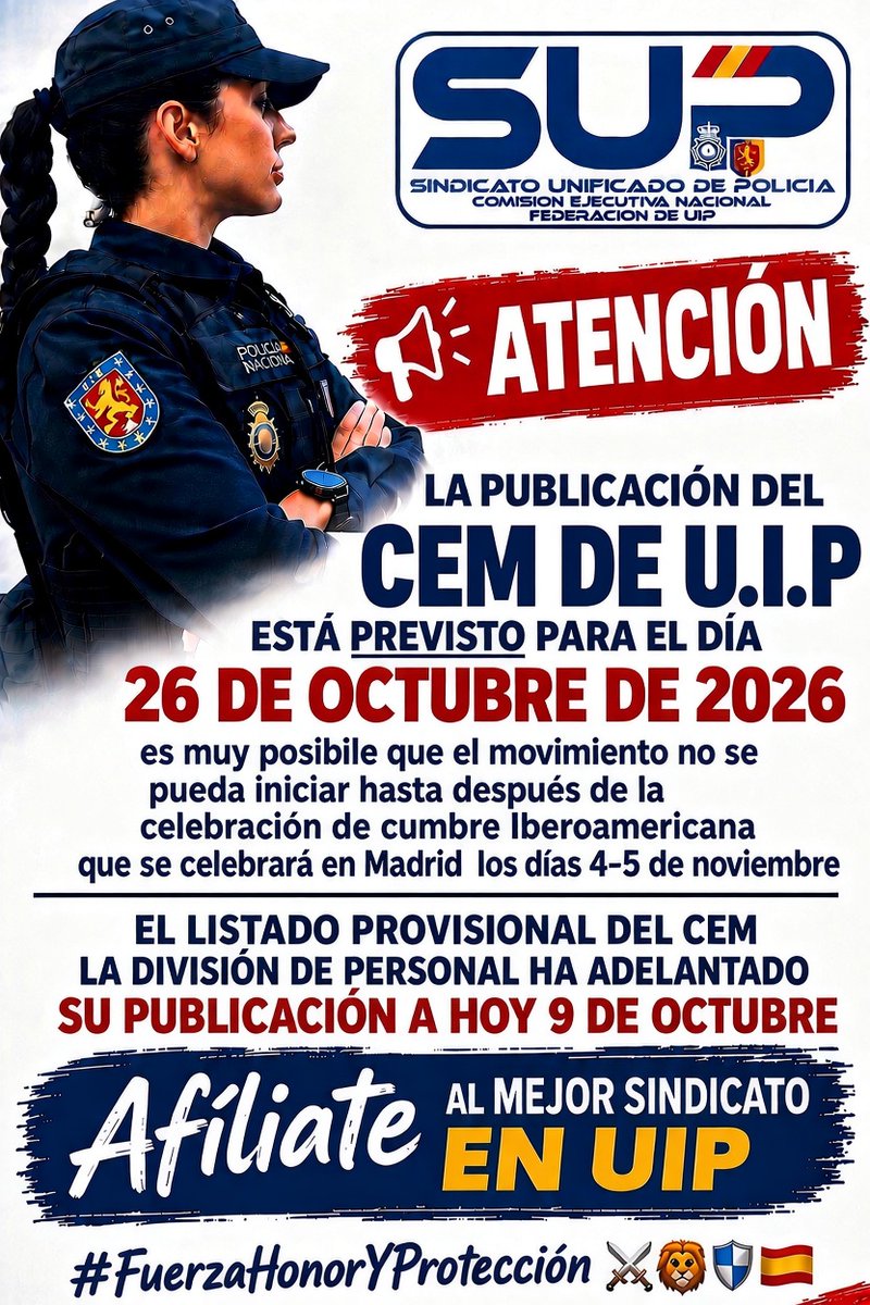 FuipSup's tweet photo. ⚠️⚠️⚠️
🗣️📢 La División de Personal ha adelantado a hoy 9 de octubre la publicación provisional del CEM de #UIP.

La fecha "prevista" para su publicación definitiva es el 26 de octubre.

Seguramente la fecha de inicio del movimiento sea después de la cumbre iberoamericana.
⚠️⚠️⚠️ https://t.co/wet29jyNmb
