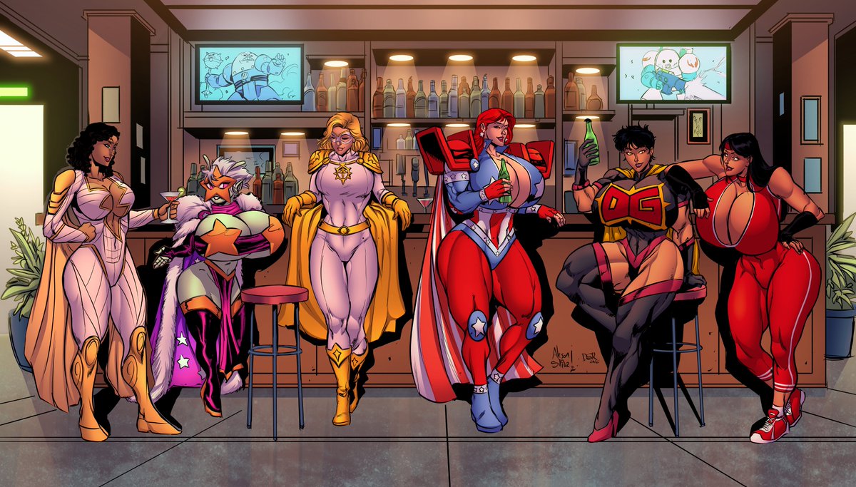 Adecentguy10's tweet photo. The heroes hangin' out and havin' a drink!

(Left to right)

Thunder Woman: @ThunderWomanTru

Ms. Stardust: @Ilikestuffdoyou 

Radiance: @buggy_con 

American Dream: mine

Dyanmite Girl: @northernjdog 

Jamie Supreme: @Megaflare08 https://t.co/6arS0ZXLHc