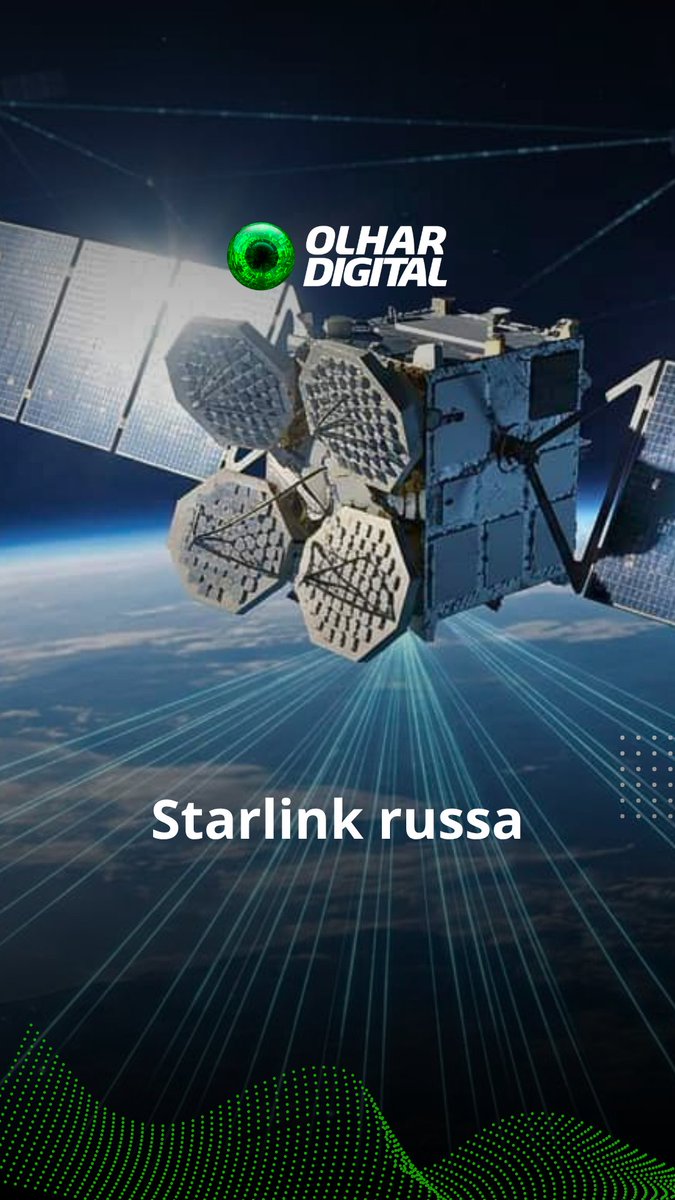 A graphic showing a satellite in orbit with the 'OLHAR DIGITAL' logo and the text 'Starlink russa' overlaid on the image.
