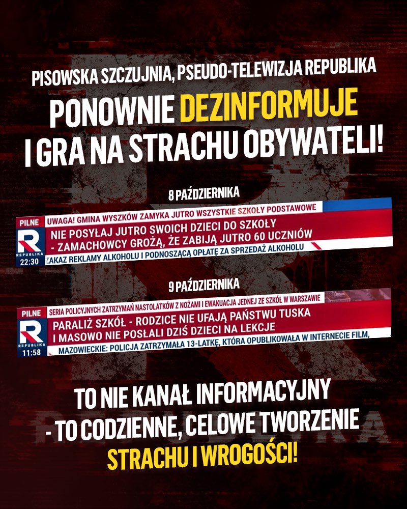 Obywatelska_KO's tweet photo. Czy wszyscy w szczujni TV Republika zdrowi❓ 

Wczorajsze i dzisiejsze paski to nic innego jak dezinformacja w najczystszej i najgorszej postaci - telewizja-ściek… https://t.co/N0qBF1uJyI