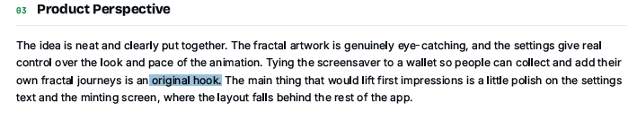 SniperO317's tweet photo. The service I'm using to get the App through Google Play Console Testing sent back a report with the following section. I love the words "The fractal artwork is genuinely eye-catching" and "original hook".

#BuildInPublic #NFT https://t.co/b3mxkWK0lr