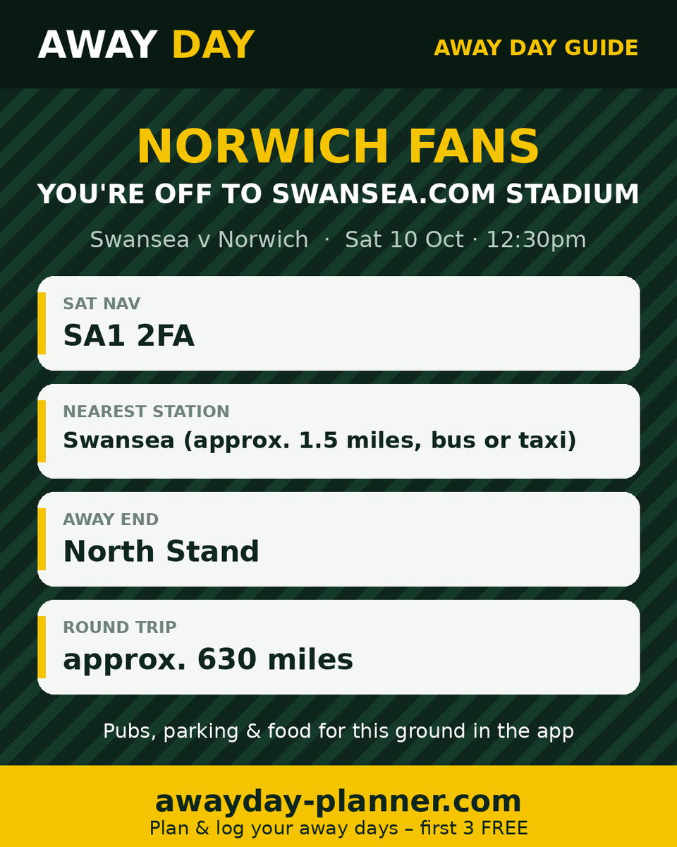 _awaydayplanner's tweet photo. @NorwichCityFC Canaries fans – your away day guide for the https://t.co/1IFqdoRVjc Stadium 🚌

Sat nav, station, away end, parking, chippy &amp; walk times at https://t.co/cYyUGNEawj (approx. 630 miles there &amp; back). First 3 away days FREE.

#NCFC #Norwich #Awayday #EFL https://t.co/KN7ED8e56a