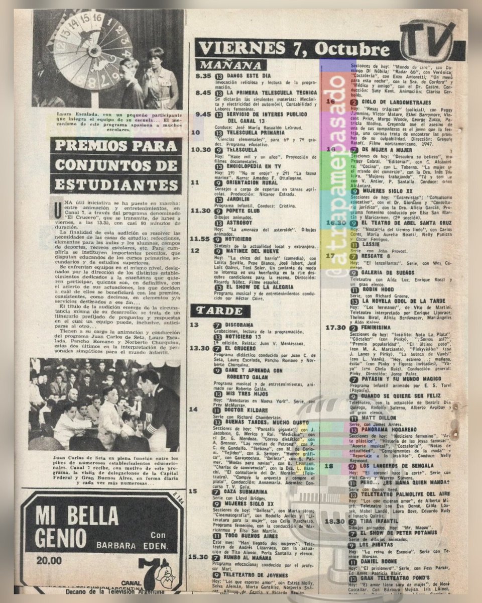 atrapamepasado's tweet photo. #Programación de la TV porteña para un #Viernes de #Octubre #En1966, según nos cuenta la revista Antena.
Por las mañanas, una interesante propuesta educativa en la televisión privada, ensamblada con dibujos animados.
Rareza: al mediodía, una película "de largometraje" en la emisora de Romay.
«Noticiero 13», a las 13 y por el 13, con la conducción de Juan Vicente Mentesana.
Tía Irma lo llama "chichón".
El 11, plagado de series yanquis. Un rasgo característico de la pantalla de San Cristóbal.
El 9, desde tiempos inmemoriales, una fábrica de teleteatros nacionales: cuatro envíos, aunque de media hora. El canal de Constitución no se queda atrás con los ciclos de Odol, Palmolive y Pond’s; este último, con un clásico del melodrama argento.
El naciente Canal 2 de La Plata, con sus tradiciones: arrancar tarde, mucho fílmico y Pinky.
En el prime time, Gerardo Sofovich pone un poroto en cada canasto: telecomedia en el 7 y un ícono del humor, por el 11.
Los muchachos del «Quinto Año Nacional» dicen ¡Socorro! porque el director los quiere "reprimir severamente". Uno de los alumnos está adscrito a la escuelita de Pavón 2444, canal que emite esta ficción juvenil.
En la emisora de San Juan 1170, Thorry es Cándido Pérez; Biondi, Pepe Galleta, Pepe Curdeles, Pepe Canario, Pepe Estropajo, Narciso Bello y muchos más.
Alfredo Alcón haciendo teatro, un lujo que se da el Zar.
#Hace60Años 📺