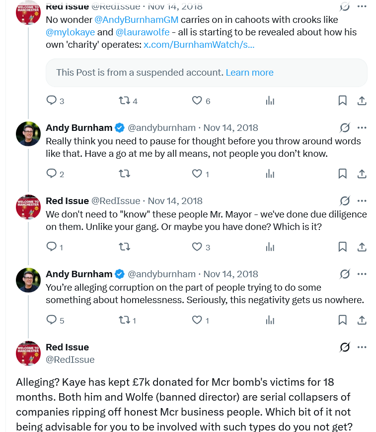 1990sUtd's tweet photo. In 2018 Burnham &amp; Kompany were the public face of a homeless 'charity' that was being run by a bankrupt fraud who was banned by Companies House 👇

Burnham leapt into an impassioned defence of the bankrupt fraud, and then told a pack of lies to fend off further questioning 👇 https://t.co/jqi3StHz4B