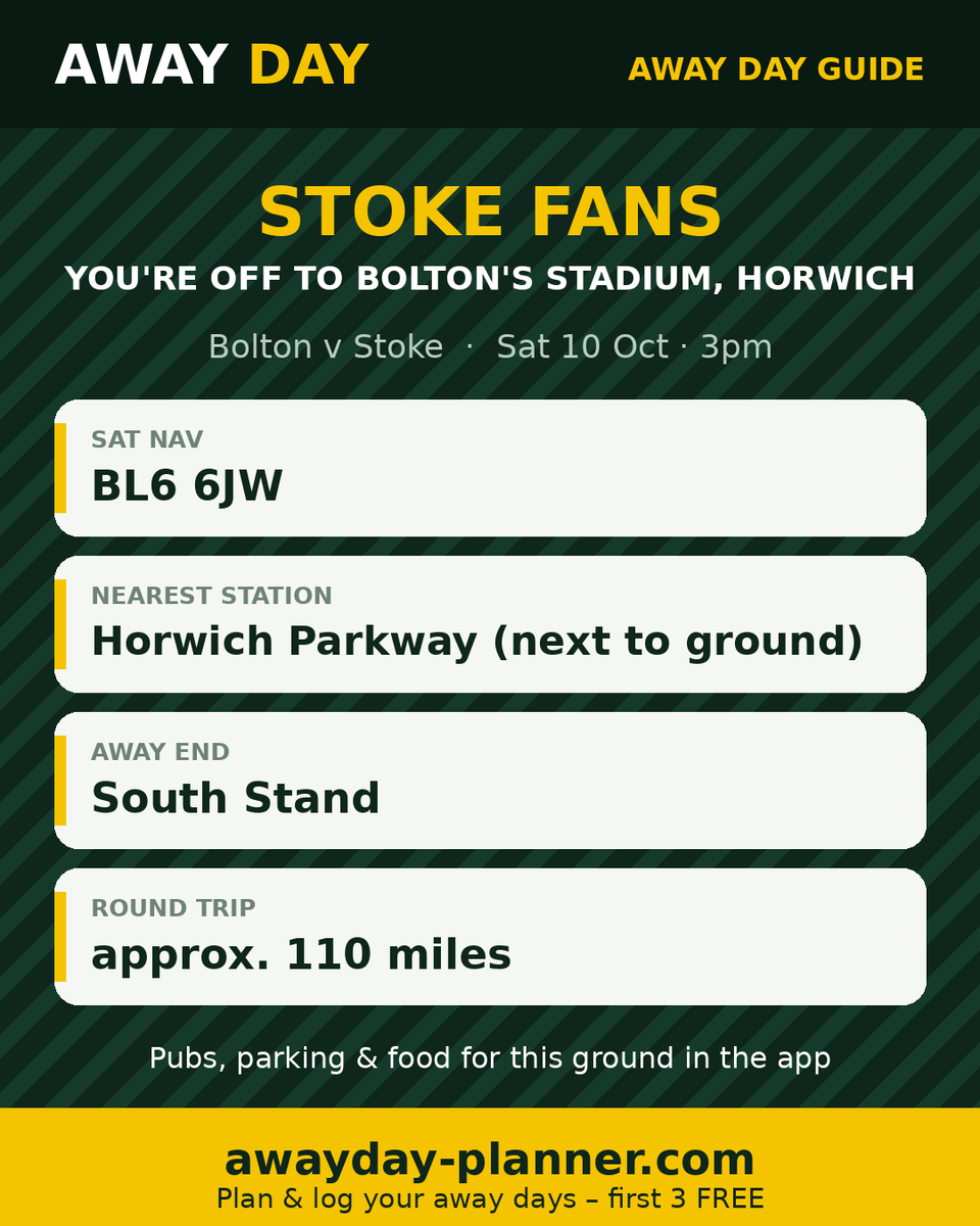 _awaydayplanner's tweet photo. @stokecity Potters fans – your away day guide for the Toughsheet Community Stadium, Bolton 🚌

Sat nav, station, away end, parking, chippy &amp; walk times at https://t.co/cYyUGNDCGL (approx. 110 miles there &amp; back). First 3 away days FREE.

#SCFC #Stoke #Awayday #EFL https://t.co/a8U1lPL7o1