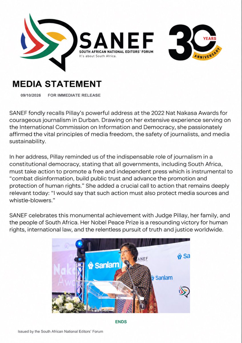 SAEditorsForum's tweet photo. SANEF congratulates former ICC Judge Navi Pillay on being awarded the 2026 Nobel Peace Prize.

We celebrate her remarkable contribution to human rights, international law and the pursuit of justice worldwide.

#SANEF30 #NaviPillay #NobelPeacePrize2026 https://t.co/s9vxWwxFgJ