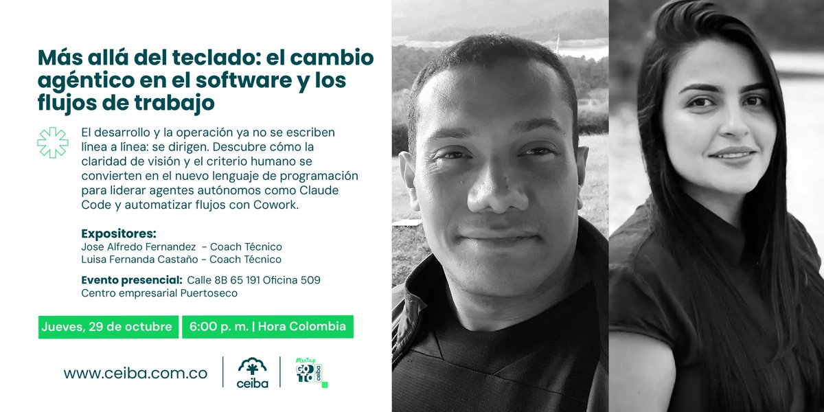 CeibaSoftware's tweet photo. En #GoToCeiba conversaremos sobre la orquestación de agentes como Claude Code y la automatización con Cowork bajo criterio experto

📅 Jueves 29 oct  | 6:00 pm

Inscríbete: https://t.co/RLAvuiScNs https://t.co/H2kA4LZKdh