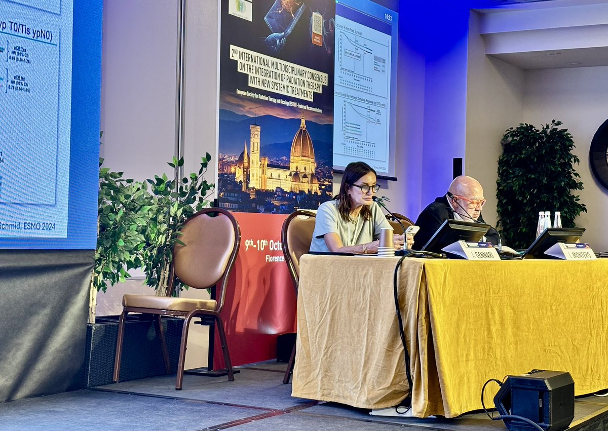 Icro_Meattini's tweet photo. Orit Kaidar Person and Rodrigo Sanchez Bayona dance showing radiobiological rationale and clinical evidence for combination of PARPi and ICIs with #radiotherapy in #BreastCancer 

#FlorenceConsensus26 #OncoAlert @OncoAlert @ESTRO_RT @myESMO https://t.co/qYuM2yNTSc