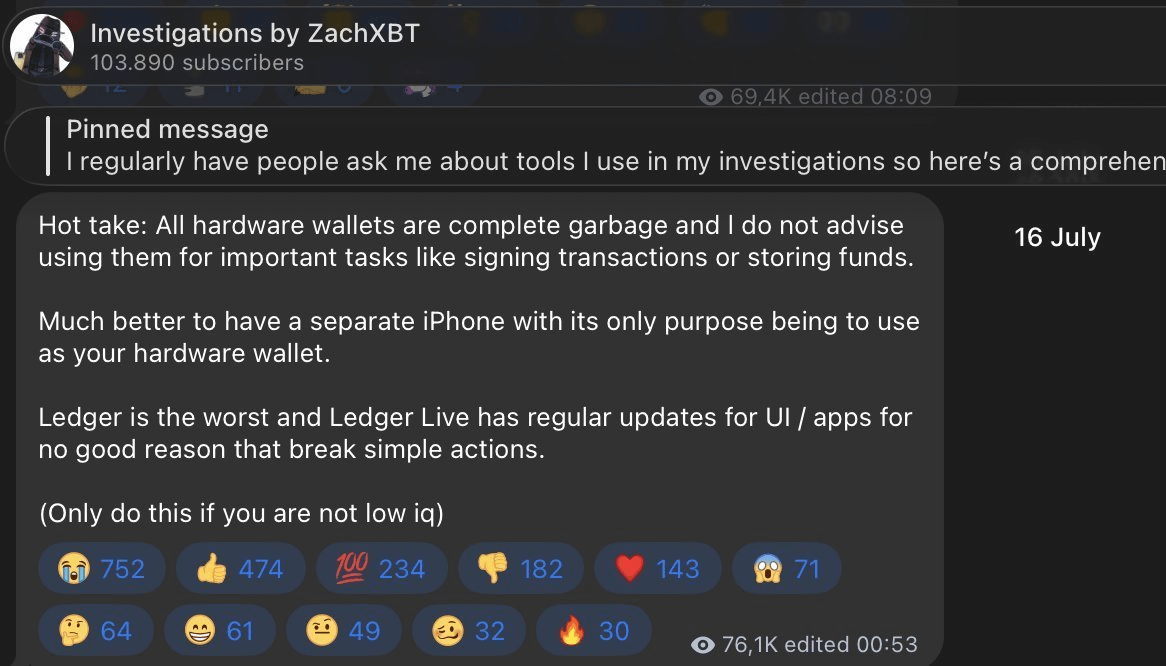 stacy_muur's tweet photo. Since this @zachxbt post:

• Coldcard - a Bitcoin hardware wallet, was hacked for $40 million.
• Trezor - one of the largest cold wallets, experienced a major data leak.
• SafePal - one of the largest cold wallets, experienced a major data leak.
• Ledger - the largest cold wallet, got exploited for $86M through a third-party reseller.

It's joever.