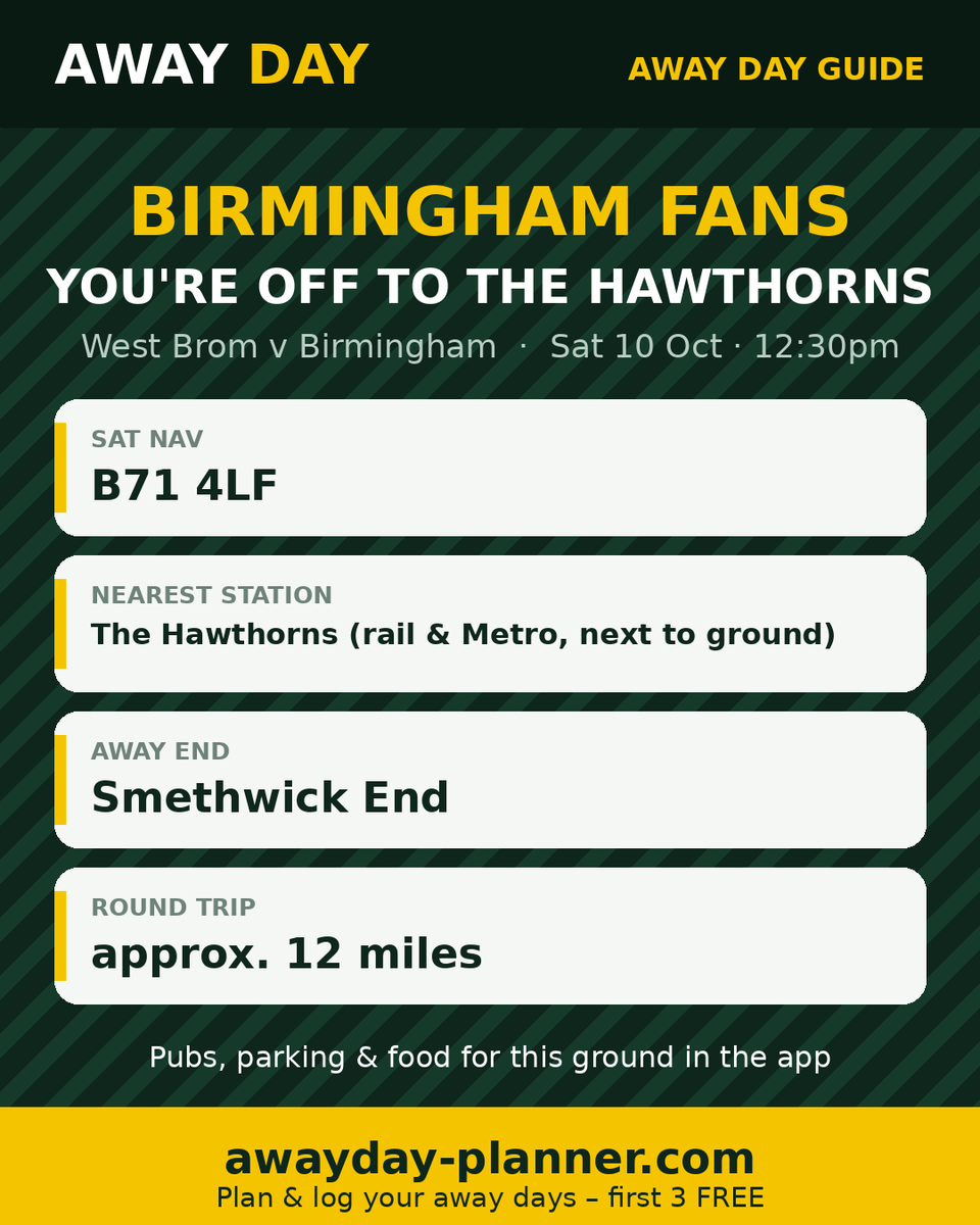 _awaydayplanner's tweet photo. @BCFC Blues fans – your away day guide for The Hawthorns 🚌

Sat nav, station, away end, parking, chippy &amp; walk times at https://t.co/cYyUGNDCGL (approx. 12 miles there &amp; back). First 3 away days FREE.

#BCFC #KRO #Awayday #EFL https://t.co/9vbQI1XMt3