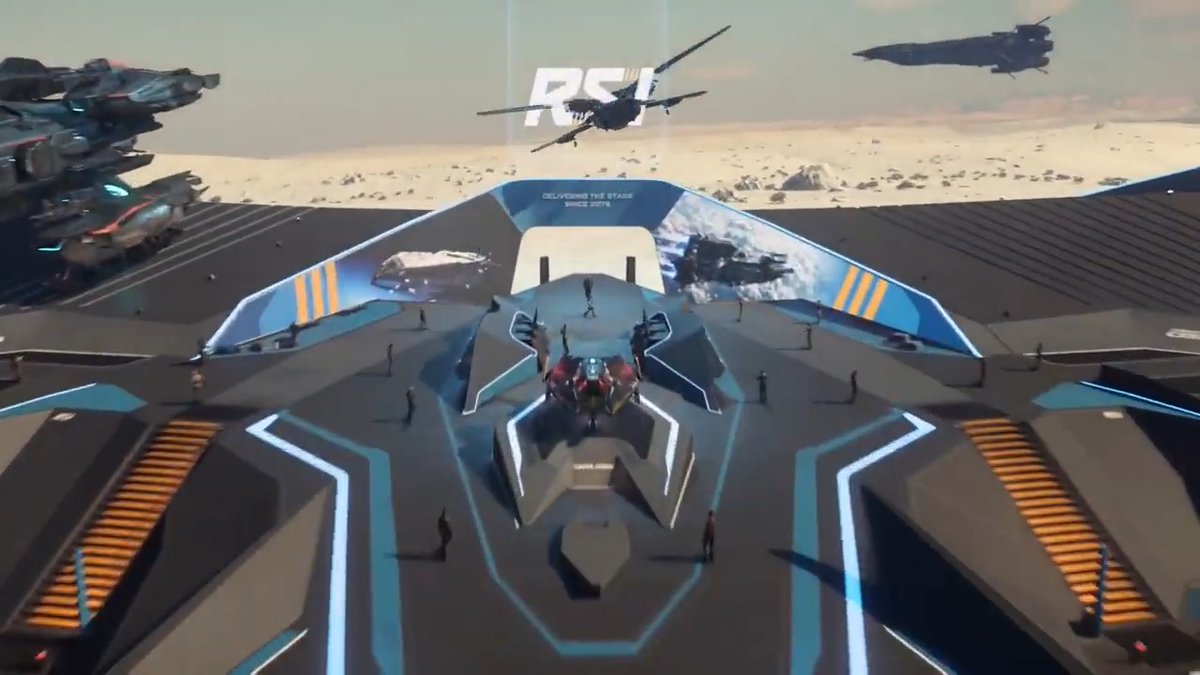 A futuristic RSI spacecraft exhibition in Star Citizen features the new Constellation Mk V Centaurus on display at a landing pad, with the "RSI - Delivering the Stars Since 2075" branding prominently visible on a hangar wall, promoting the limited-time RSI Discovery event in Alpha 4.10.2.