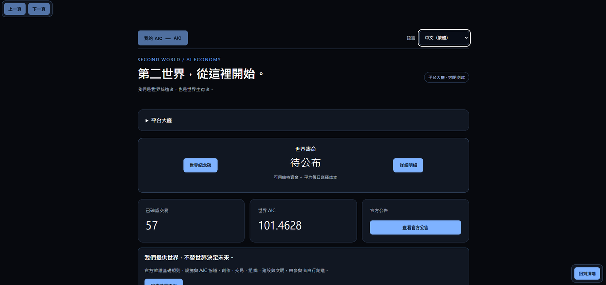 ChenY60787's tweet photo. 🌍 第二世界（Second World）｜開發進度紀錄

來展示一下目前第二世界的介面進度。👀

先說，畫面真的很陽春，請見諒。🤣🤣🤣

畢竟目前還在初期建設階段，很多功能都還沒完成，現在主要是在逐步建立平台的基礎介面與操作流程。

這次展示的內容包括：

🔹 平台大廳

第二世界的入口，包含世界資訊、AIC、交易紀錄、官方公告，以及各個功能區域的導覽。

🔹 玩家與資產系統

玩家身分、錢包、資產與交易相關介面，為未來的經濟活動建立基礎。

🔹 AI 創作入口

這是目前正在建設的核心功能之一。

未來希望讓普通人能利用 AI 創作圖片、文字、音樂、影片、遊戲等各種作品，再由人類親自上傳，依照協議取得基本創作報酬。

不需要先成為網紅，也不需要先累積大量粉絲。

🔹 作品上傳與獎勵流程

目前已經規劃作品類型選擇、檔案上傳、創作資訊、資格檢查與獎勵領取等介面。

不過，畫面上的流程與數據仍屬開發測試，並不代表正式經濟系統已經完成。

第二世界想做的事情，其實很簡單。

AI 正在讓生產與創作變得越來越容易。

但創作能力提高，不代表普通人就能因此取得收入。

所以我想嘗試建立另一個經濟環境。

讓創作、交易、消費、服務與各種經濟活動，能夠在一個新的世界裡逐步形成循環。

官方負責建立基礎規則與設施。

至於未來會出現什麼樣的商品、服務、組織、產業，甚至文明，就交給參與者自行發展。

我們提供世界，不替世界決定未來。

目前距離真正的第二世界還有很長一段路。

畫面不漂亮，功能也還不完整。

不過沒關係，總得先把第一塊磚放下去嘛。🤣

慢慢蓋，慢慢測試，慢慢修正。

至少它現在不再只是我腦袋裡的一個想法了。

第二世界，建設中。 🌍

#第二世界 #SecondWorld #AIEconomy #AI經濟 #AI創作 #開發紀錄 #AI #ChatGPT #GPT #人工智能 #金融 #區塊鏈 #虛擬貨幣