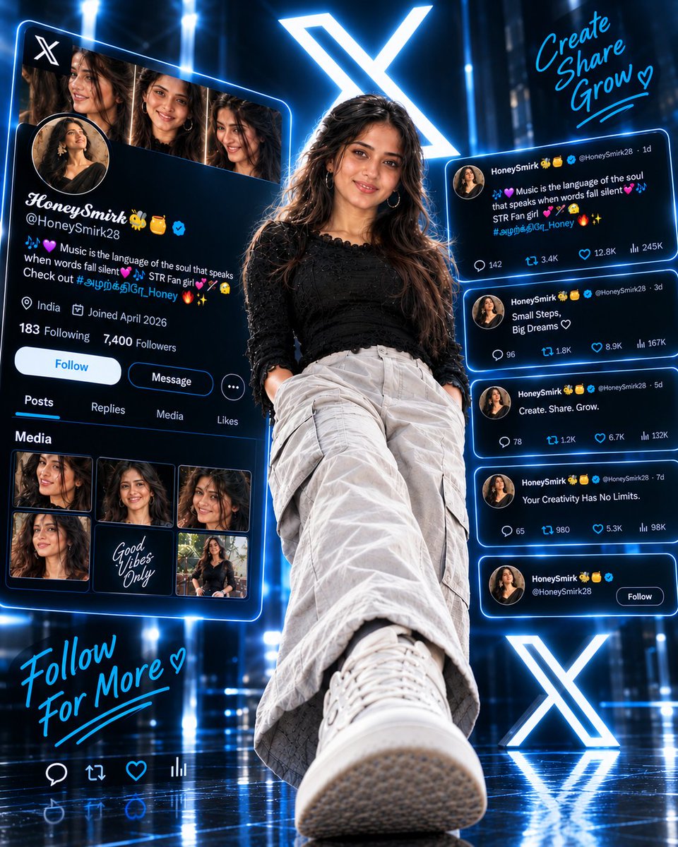 HoneySmirk28's tweet photo. Create your own image🔥✨

Guys give a try my own prompt hope u like it, upload in ChatGpt with the first page of ur X❤️✨

Prompt :

Create an ultra-realistic, ultra-photorealistic, high-end cinematic 3D social media promotional poster inspired by the X (formerly Twitter) profile homepage, using my uploaded X profile screenshot as the exact reference for the profile name, username, display picture, cover photo, bio, follower count, following count, and overall profile details.

PROFILE SCREENSHOT REFERENCE & ACCURACY: Carefully read the uploaded screenshot and recreate the profile using the exact display name, username, profile picture, cover banner, bio, emojis, verification badge, and follower/following numbers visible in the screenshot. Use the original profile display picture as the avatar and recreate the cover image to match the reference. Do not invent a different username, replace the profile photo, or change the original profile details.

MAIN SUBJECT & IDENTITY: Create a stylish, ultra-photorealistic 3D portrait of the person represented by the profile, using the uploaded portrait photo as the strict facial identity reference whenever provided. Preserve the person's recognizable facial features, hairstyle, skin tone, accessories, natural body proportions, and original outfit. If no separate portrait is provided, use the available profile photos in the screenshot as visual references without inventing unsupported facial details.

X PROFILE DESIGN: Display a large floating X profile homepage panel on the left, featuring the exact profile picture and cover photo from the screenshot, the correct display name and username, verification badge, bio, location, joining date, follower statistics, and Follow or Edit Profile buttons as appropriate. Include realistic Posts, Replies, Media, and Likes tabs, along with a small gallery of the profile's original photos.

FLOATING POST CARDS: On the right, add sleek floating X post cards inspired by the account's actual content, with realistic profile avatars, readable text, timestamps, reply icons, repost icons, likes, and engagement counts. Preserve any visible post wording from the reference screenshot where possible.

BACKGROUND & STYLE: Use a premium black, white, silver, and electric-blue color palette, with a large glowing X logo, futuristic glassmorphism interface panels, cinematic blue lighting, glossy reflective flooring, subtle light rays, and realistic 3D depth. Add tasteful handwritten text reading “Follow For More ♡” and “Create • Share • Grow.”

COMPOSITION & QUALITY: Vertical 4:5 poster, with the main person in the center foreground and the X profile interface surrounding them. Use a dramatic low-angle perspective, professional fashion photography, natural skin texture, realistic clothing details, crisp interface elements, cinematic lighting, and ultra-detailed 8K-quality rendering.

IMPORTANT: The uploaded screenshot must be the source of truth for the profile name, display picture, username, and account information. Do not substitute another person's profile details. Use X branding only, with no Facebook or Instagram logos, no duplicated person, no distorted facial features, no extra limbs, and no blurry text. The final result should look like a premium, personalized X profile promotional poster based on my actual screenshot.

#Honey_Quotes 💜✨