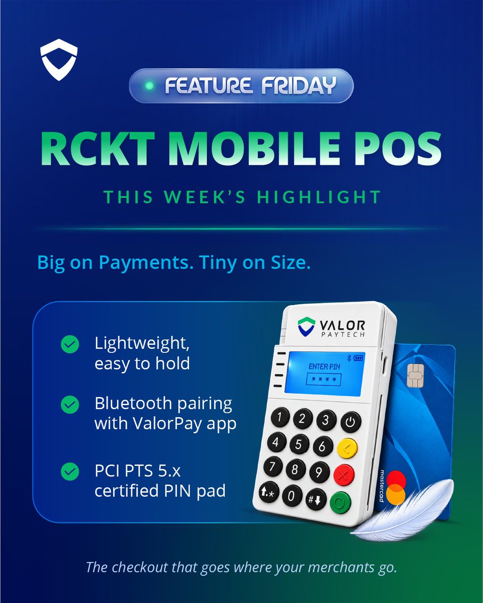 ValorPayTech's tweet photo. Card acceptance that fits in a pocket. 💳
RCKT is Valor's pocket-sized #mobilePOS. Pair it with the #ValorPay app over Bluetooth, and its long-lasting battery keeps it ready to take cards on the go. 

See what it adds to your lineup. 
 https://t.co/ARYnisMOcS 

#featurefriday https://t.co/nNm2oTU4cA