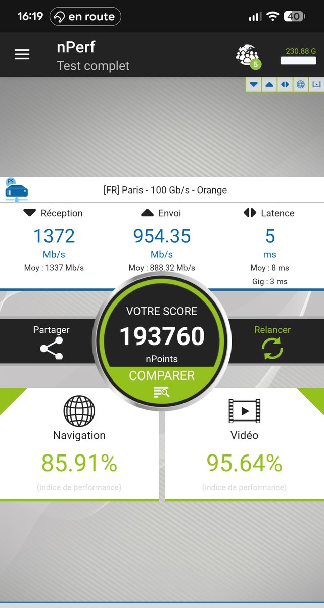 Bruno_FIBRE's tweet photo. Score: 193760 nPoints, ↓1371873 kb/s ↑954352 kb/s / wifi:Free / #Pixel7Pro / #nPerf v2.16.9 / https://t.co/cfRjnYz2ff