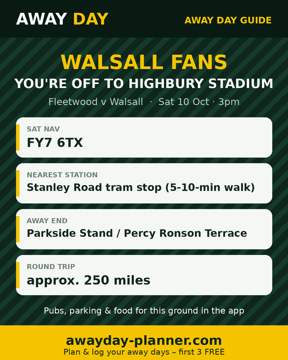 _awaydayplanner's tweet photo. @WFCOfficial Saddlers fans – your away day guide for Highbury Stadium, Fleetwood 🚌

Sat nav, station, away end, parking, chippy &amp; walk times at https://t.co/cYyUGNDCGL (approx. 250 miles there &amp; back). First 3 away days FREE.

#Saddlers #Walsall #Awayday #SkyBetLeagueTwo https://t.co/gPWV6bTRC8