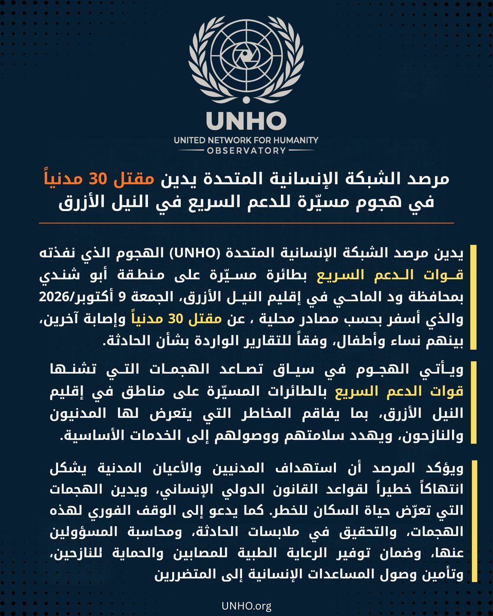 UNHOrg's tweet photo. #السودان | تصاعد المخاطر على المدنيين في ظل هجمات الدعم السريع

تتواصل المخاطر التي تواجه المدنيين في إقليم #النيل_الأزرق مع تكرر هجمات الطائرات المسيّرة التي تشنها قوات الدعم السريع على مناطق في الإقليم، وسط مخاوف متزايدة بشأن سلامة السكان والنازحين، وقدرتهم على الوصول إلى الخدمات الأساسية ومصادر المياه والرعاية الصحية.

وتسلط حادثة #أبو_شندي، التي أفادت مصادر محلية بمقتل 30 مدنياً وإصابة آخرين جراء هجوم بطائرة مسيّرة للدعم السريع، الضوء على التداعيات الإنسانية لهذه الهجمات، ولا سيما على الأسر النازحة والفئات الأكثر عرضة للمخاطر.

يدين مرصد الشبكة الإنسانية المتحدة الهجمات التي تعرّض حياة المدنيين للخطر، ويشدد على ضرورة حماية السكان والأعيان المدنية، والتحقيق في ملابسات الحادثة، ومحاسبة المسؤولين عنها، وضمان وصول المساعدات الإنسانية إلى المتضررين.

ويواصل مرصد الشبكة الإنسانية المتحدة (UNHO) رصد تطورات الأوضاع في إقليم النيل الأزرق، وتوثيق الأضرار التي تلحق بالمدنيين استناداً إلى المصادر المحلية والإنسانية والحقوقية المتاحة.