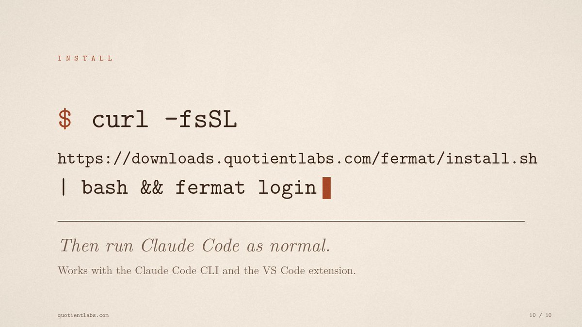 quotient_labs's tweet photo. Getting started with Fermat is intentionally simple.

One command installs the layer, one login connects your environment, and then you continue using Claude Code as you normally would.

No complicated workflow changes. No new development environment to learn.

Just a lightweight efficiency layer working behind the scenes to reduce unnecessary token usage and make every AI coding session count.

Install once. Build more efficiently.