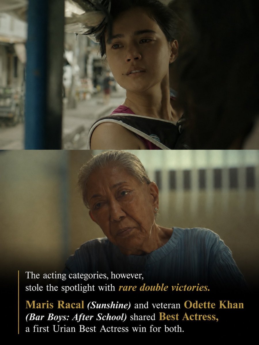 iamteamsuper's tweet photo. SPOTLIGHT: The 49th Gawad Urian Awards Celebrate the Finest of Last Year’s Philippine Cinema

The acting categories, however, stole the spotlight with rare double victories. Maris Racal (Sunshine) and veteran Odette Khan (Bar Boys: After School) shared Best Actress,  a first Urian Best Actress win for both.

#GawadUrian #ManunuriNgPelikulangPilipino #BestFilms2025 

Photo Credits: IMDb and Film Stills