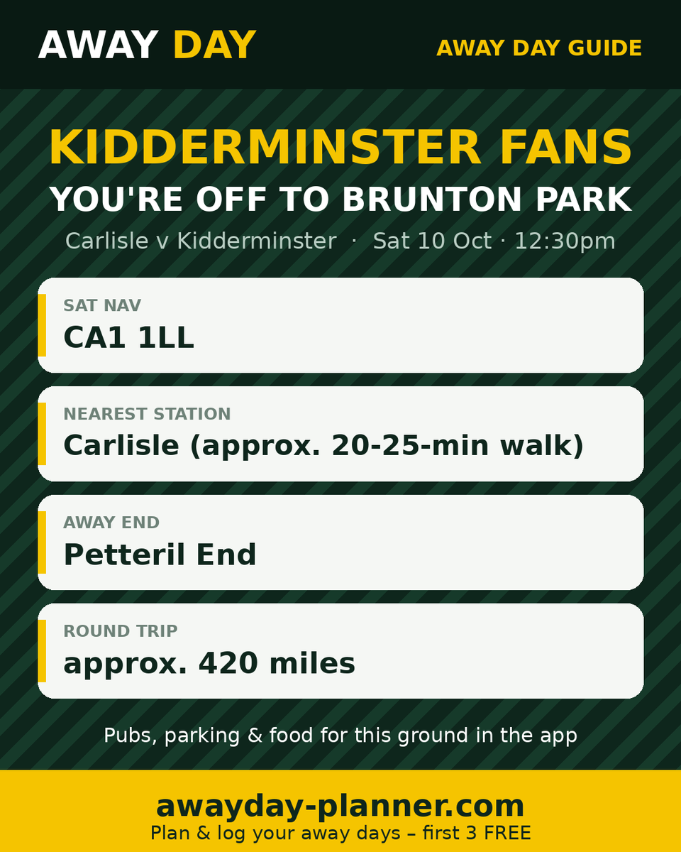 _awaydayplanner's tweet photo. @khfcofficial Harriers fans – your away day guide for Brunton Park, Carlisle 🚌

Sat nav, station, away end, parking, chippy &amp; walk times at https://t.co/cYyUGNDCGL (approx. 420 miles there &amp; back). First 3 away days FREE.

#Harriers #Kidderminster #Awayday #NationalLeague https://t.co/Sd3RH5l2oH
