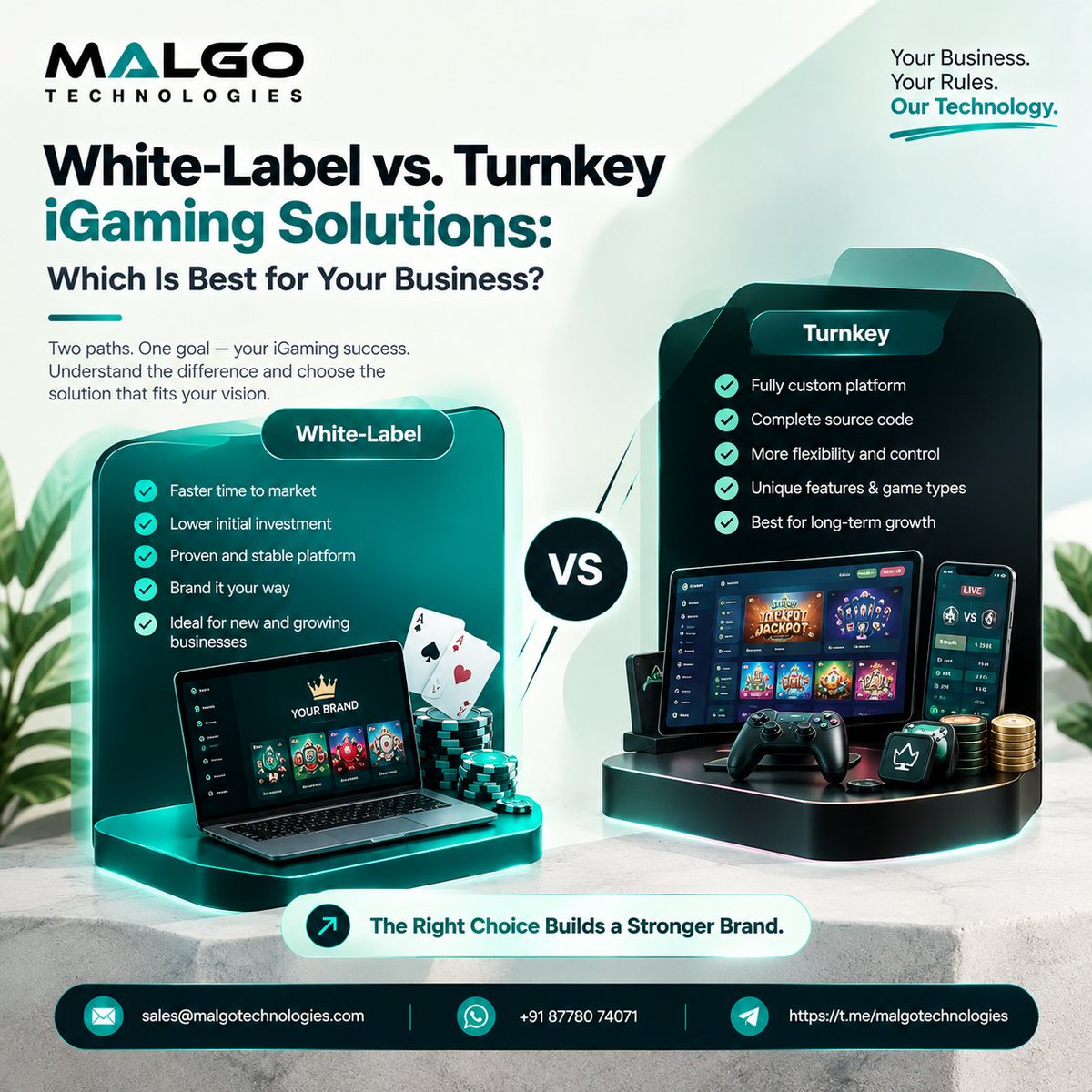 malgotech's tweet photo. 🎮 White-Label vs. Turnkey iGaming Solutions — which fits your business?

💚 White-label: Faster launch, lower initial investment. 🖤 Turnkey: Greater customization and control.

Choose the right technology for your growth 
https://t.co/mJ6femvm6U

#iGaming #GamingTech #Malgo https://t.co/vDxHfRN5hd