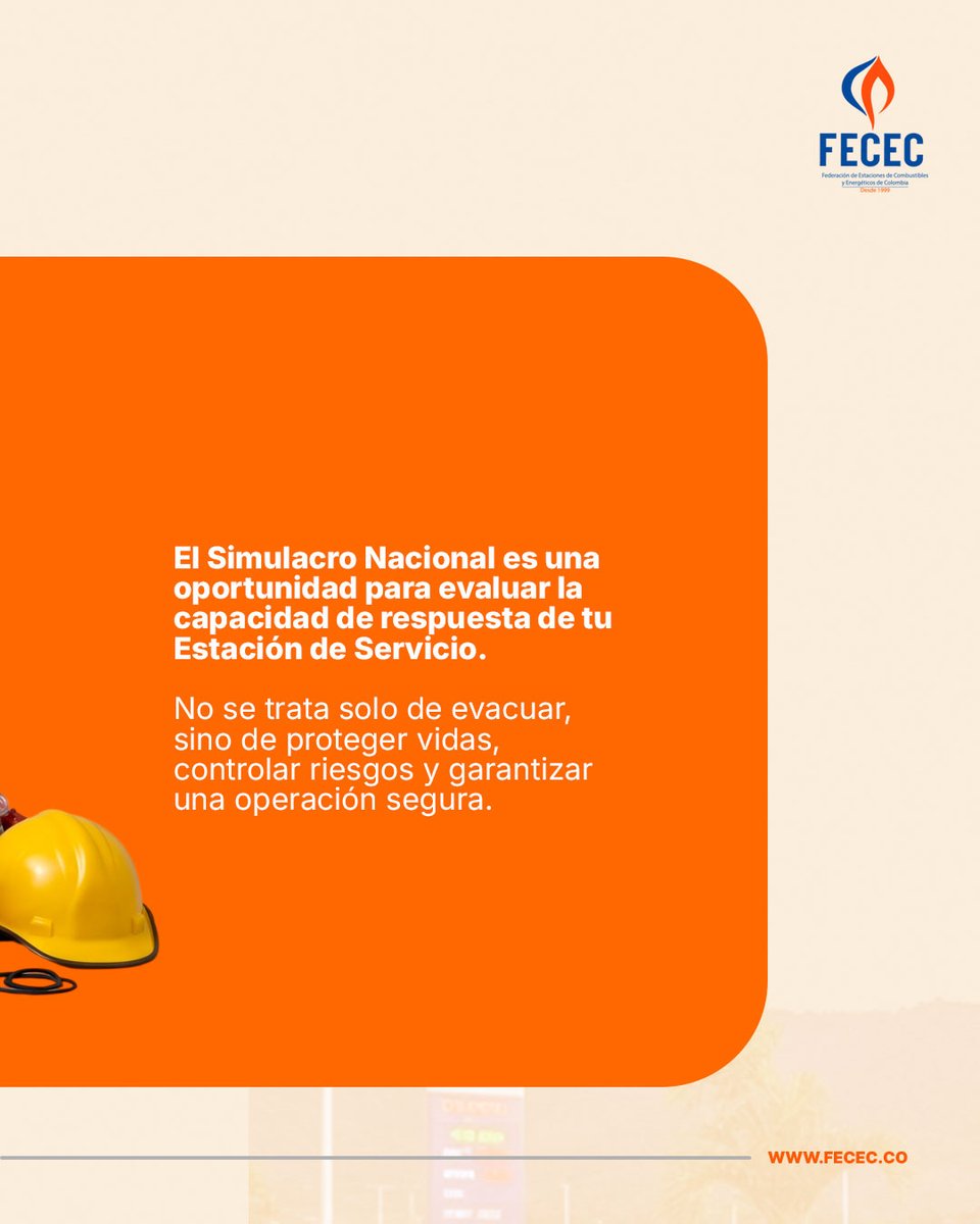 _fecec's tweet photo. #SimulacroNacionaldeEmergencias 

🚨 ¿Tu EDS está preparada para una emergencia? El Simulacro Nacional permite evaluar protocolos, fortalecer la respuesta y proteger vidas. La prevención comienza con la preparación.

#AgremiaciónFECEC #EstacionesdeServicio #Minoristas #Colombia https://t.co/E0PzHE5Fpe