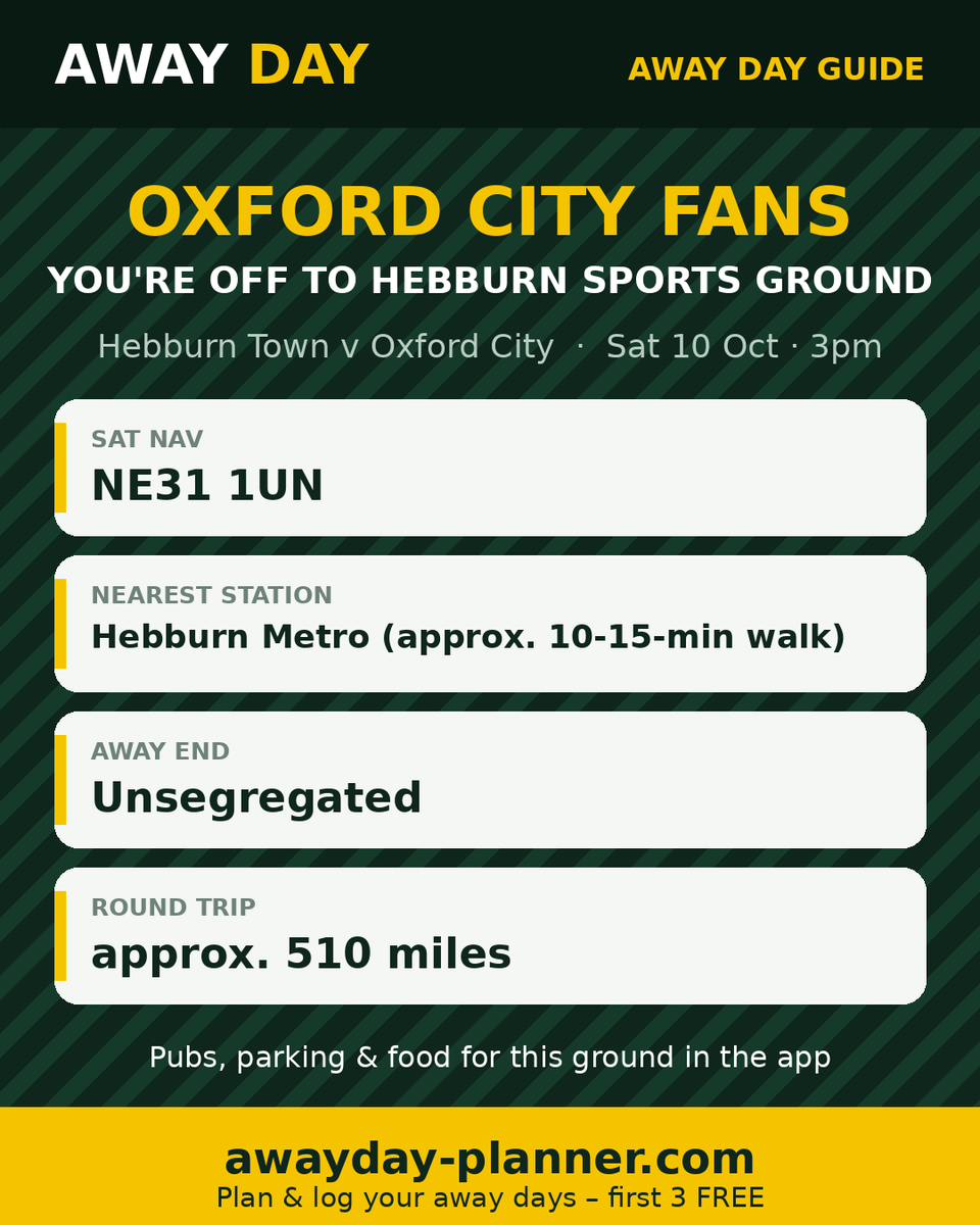 _awaydayplanner's tweet photo. @OxCityFC Oxford City fans – your away day guide for Hebburn Sports Ground 🚌

Sat nav, station, away end, parking, chippy &amp; walk times at https://t.co/cYyUGNEawj (approx. 510 miles there &amp; back). First 3 away days FREE.

#OxfordCity #Awayday #NationalLeagueNorth https://t.co/orqs69WPiG