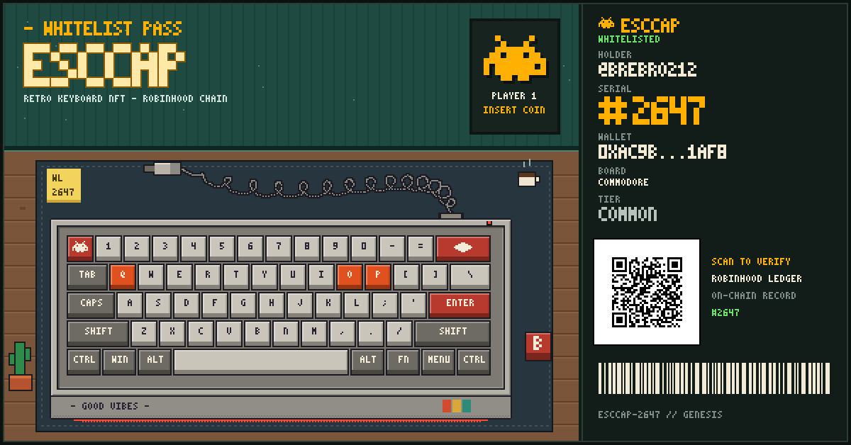 Brebro212's tweet photo. Secured ESCCAP holder #2647.

COMMODORE COMMON pass from the Retro Mechanical Keyboard collection on Robinhood Chain.

Claim your whitelist seat:
https://t.co/o5WpavzD70

@esccapHQ #EscCap https://t.co/M897aCxBrb