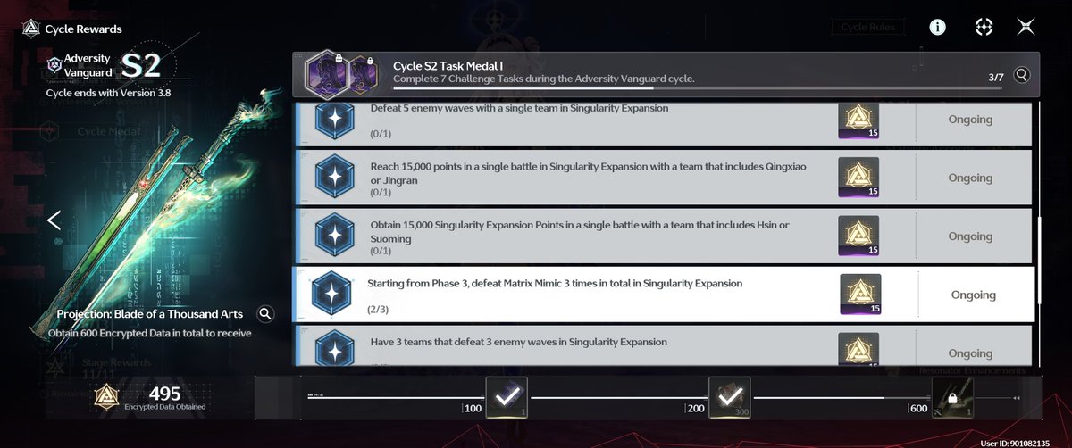 LD_kun's tweet photo. I actually made it with Aemy-Hiyuki teams.

If the Mimic task actually means I just need to kill it one more time next phase (or an easy 15 point task appear), then the weapon skin is pretty much guaranteed. 

Unless, Kuro decided to change the recurring tasks.

#WutheringWaves https://t.co/s7rot22Eii
