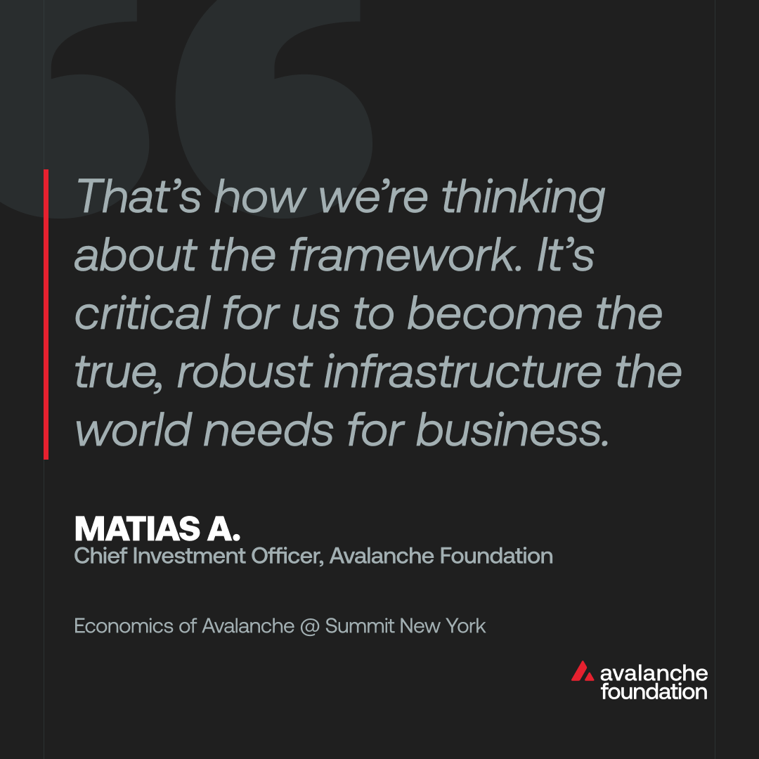 AvalancheFDN's tweet photo. A quote from @frostLedger closing out his keynote at Avalanche Summit New York, on why getting this framework right matters.

Avalanche’s economics research agenda exists to answer: how does a network properly measure the value it actually creates, capture it sustainably without disrupting activity, and distribute it in a way that strengthens the chain for the long term?

As Avalanche evolves into the robust infrastructure the world needs for business, the approach to strengthening the network must evolve with it 🔺