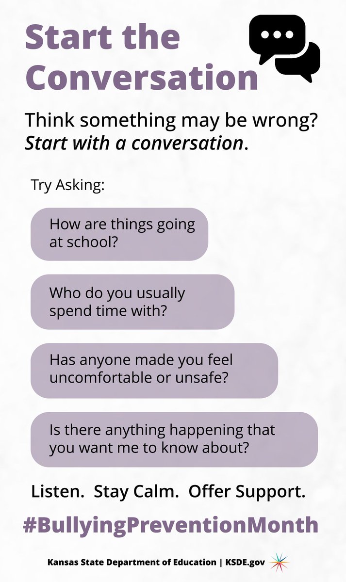 ksdehq's tweet photo. Think something may be wrong? Start with a conversation.

Try asking:
How are things going at school?
Who do you usually spend time with?
Has anyone made you feel uncomfortable or unsafe?
Is there anything happening that you want me to know about?

#BullyingPreventionMonth https://t.co/ByFChsz45l