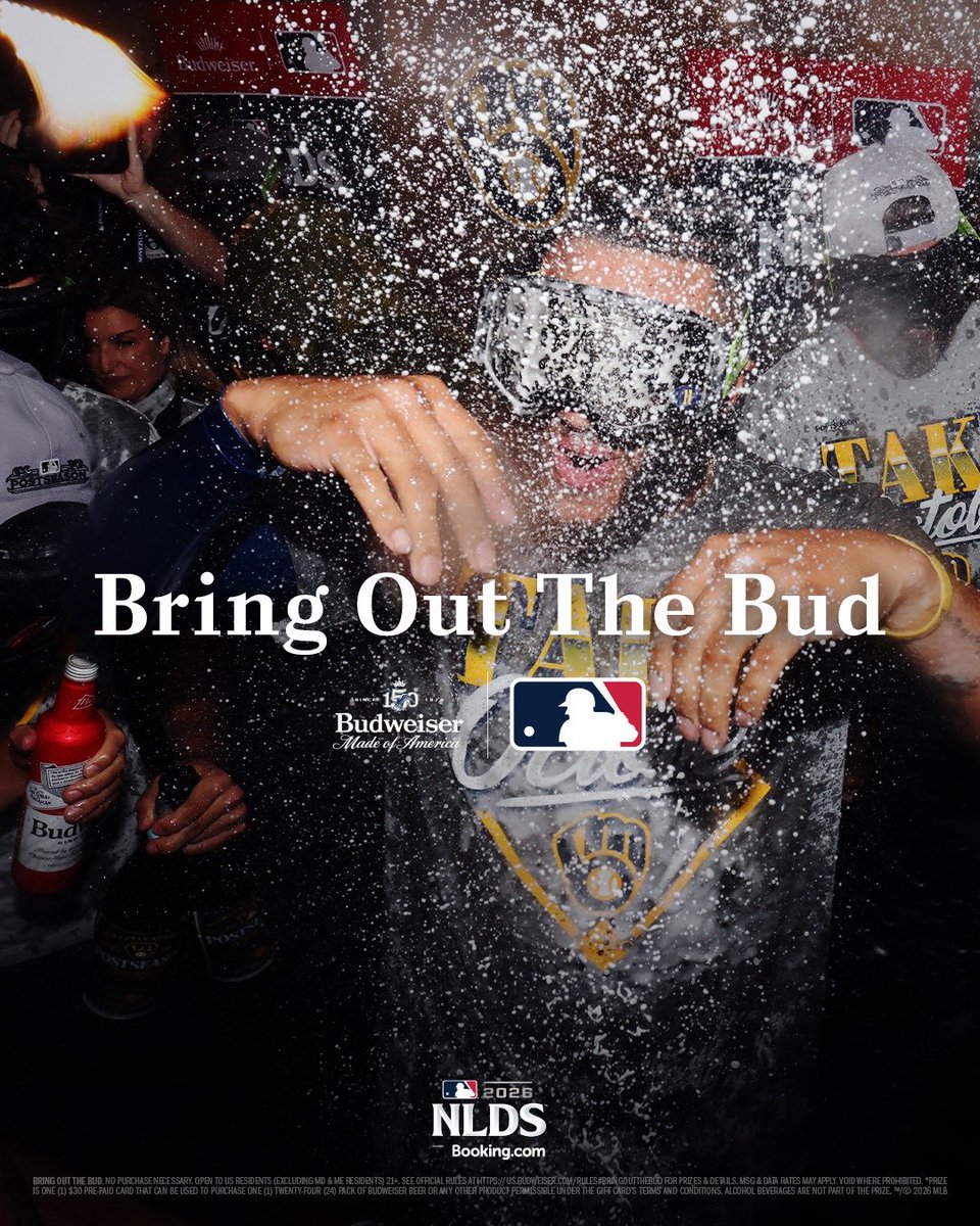 budweiserusa's tweet photo. 🍺 ANOTHER ROUND 🍺​

Yesterday, Milwaukee brought out the Buds and clinched their second straight NLCS appearance. ​

Want to join Milwaukee in the beer showers? Use #BringOutTheBud #Sweepstakes for your chance to win A CELEBRATION'S WORTH OF BEER MONEY. https://t.co/K4E2V7tKfz