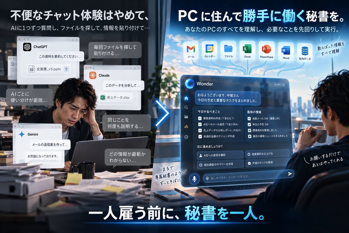 wl4_0's tweet photo. 「ChatGPT を直接契約するのは不安」という声も多い。
だから、学習に使わせない契約で、間に日本の会社が立つ形にする。
不便なチャット体験はやめて、PC に住んで勝手に働く秘書を。

一人雇う前に、秘書を一人。 https://t.co/aaE3OMb4ir