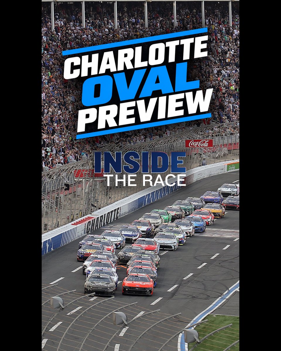 A NASCAR race at Charlotte Motor Speedway begins with a pack of colorful stock cars charging down the track, while the overlaid text reads "CHARLOTTE OVAL PREVIEW INSIDE THE RACE," perfectly setting the stage for a 400-lap showdown where early positioning could decide the entire race.