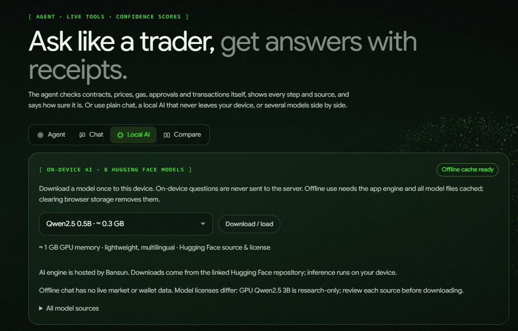 bansun_ai's tweet photo. Offline AI is live on Bansun 🔒

You can now run an AI model fully on your own device. Download it once, and after that your questions are never sent to any server.

How to start:
1. Open https://t.co/kkZHsQqI1t → Ask → Local AI
2. Pick a model. The lightest is Qwen2.5 0.5B at about 0.3 GB.
3. Tap Download / load and wait for "Offline cache ready"
4. Ask anything, even with no internet

What you can use it for:
▸ Learn crypto terms: slippage, MEV, liquidation, impermanent loss, gas
▸ Understand signatures: what approve, permit and setApprovalForAll actually allow
▸ Plan your trades: entry, stop, risk and a checklist before you click buy
▸ Simplify long text: paste a whitepaper section, staking terms or exchange rules
▸ Spot scam patterns: ask whether a DM or offer sounds like a known trick
▸ Think out loud: review your journal notes or a strategy idea in private

Why it matters:
▸ Your questions stay on your device
▸ No account, no logs, no cloud AI provider
▸ It runs on your own GPU, right inside the browser
▸ It keeps working on a plane, on bad Wi-Fi or with no connection

Good to know:
▸ Offline chat has no live prices or wallet data. For live data, use Agent mode.
▸ Small models can be wrong. Double-check anything important.
▸ Clearing browser storage removes the downloaded model.
▸ Model licenses differ, so check the source before downloading.

Private AI for crypto, on your own terms.
👉 https://t.co/5fIojnfas5
