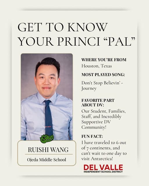 DelValleISD's tweet photo. You see him in the hallways, at bus duty, and cheering at every game—now get to know Principal Wang at Ojeda Middle School! ✋✨🐊 https://t.co/ff3eStzaoU