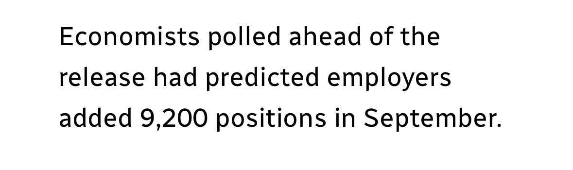 mapleblooded's tweet photo. Economists predicted Canada would be  +9,200 jobs for September.

Their prediction was off by -77,200.

How could they be so wrong when we have decorated economist Mark Carney guiding the ship? https://t.co/ktAxtyRwTR