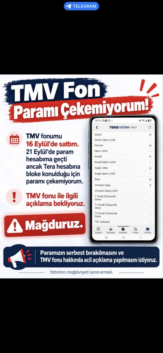 akaIgnorant's tweet photo. Tera Portföy TMV fonunu sattık, MKK kayıtlarımızdan düşüldü ancak Tera Yatırım’daki bloke nedeniyle 23 gündür kendi paramıza ulaşamıyoruz!

Yaklaşık 15.000 yatırımcının mağduriyetinin giderilmesi için yetkili kurumları acilen göreve davet ediyoruz.

@spkgovtr @HMBakanligi @TCTicaret

#TMVBlokeKalksın #TMVBlokajKaldırılsın
