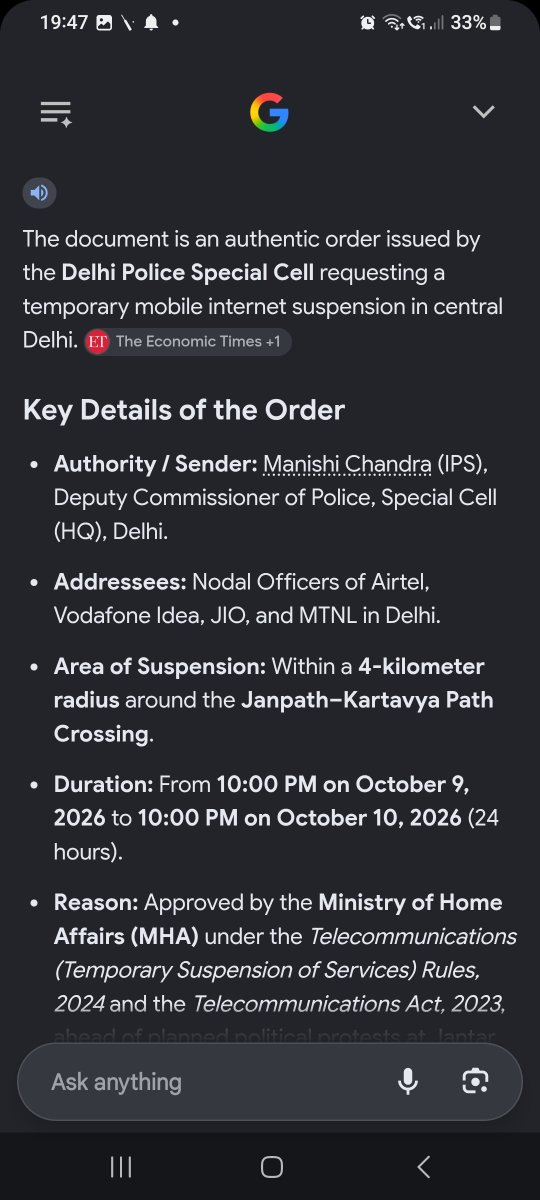 grovervj's tweet photo. First I thought it was a #fake letter by #DelhiPolice seeking  #internet ban in #JantarMantar area . Confirmed with @GeminiApp found it to be true  .
#delhi #internetban #protest #youth #GenZ https://t.co/fjgGBaJL5z