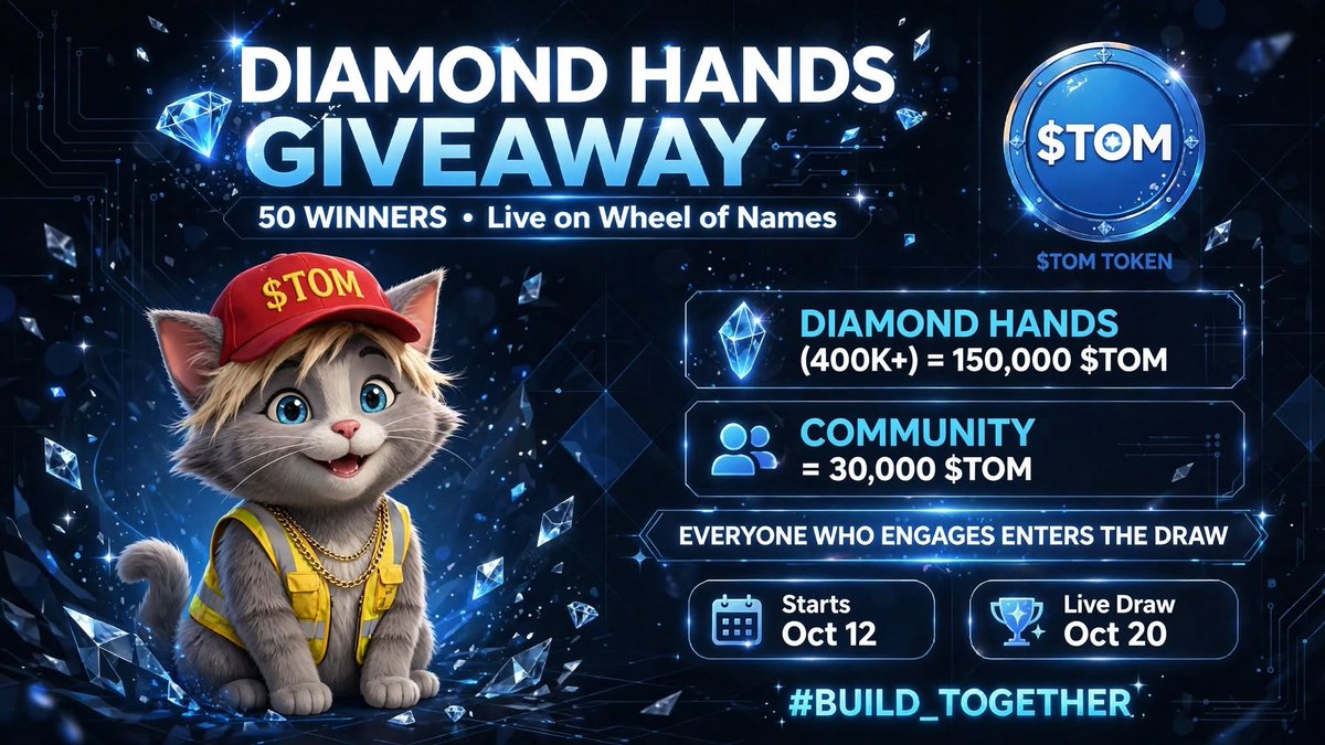 AAbuhamadeh's tweet photo. Our journey is connected - every stage unlocks the next! 🔗💎
💎🙌 DIAMOND HANDS GIVEAWAY ft. TOM 😺💙

🎡 50 WINNERS | Live on Wheel of Names

🗓️ Starts: Oct 12
🏆 Live Draw: Oct 20

💎 DIAMOND HANDS (400K+) = 150,000 $TOM
👥 COMMUNITY = 30,000 $TOM

🎁 EVERYONE WHO ENGAGES ENTERS THE DRAW!

📝 How to Enter:
1️⃣ Like + Comment #BUILD_TOGETHER 💎
2️⃣ Repost ♻️
3️⃣ Follow
 https://t.co/pyrXTVhX8V